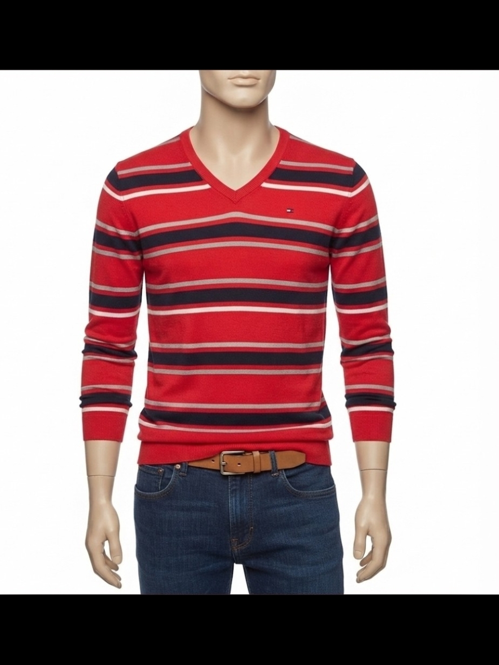 Tommy Hilfiger Red Striped V-Neck Men's Sweater